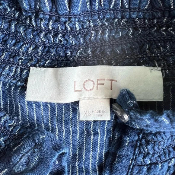 LOFT Dobby Ruffle Prairie Feminine Navy Long Sleeve Buttoned Cotton Blouse Top - Picture 5 of 10